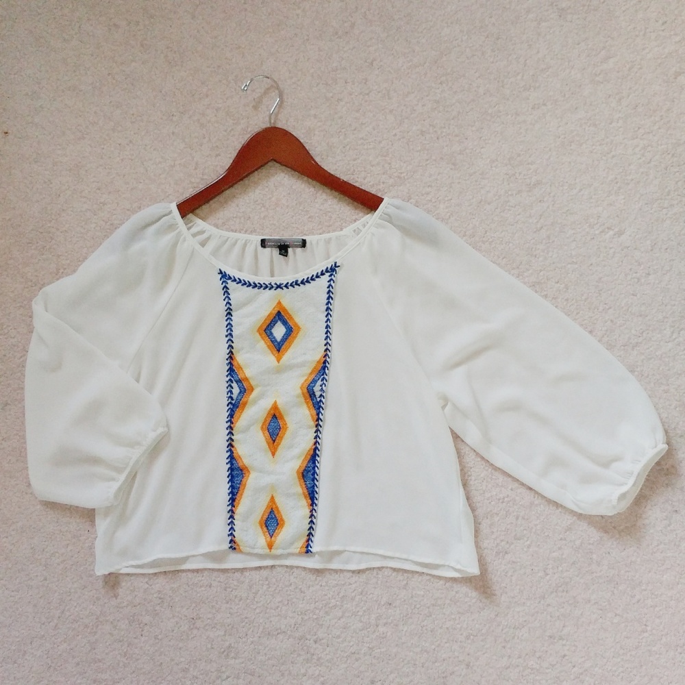 Embroidered Boho Top White Long Sleeve Blouse sz:M